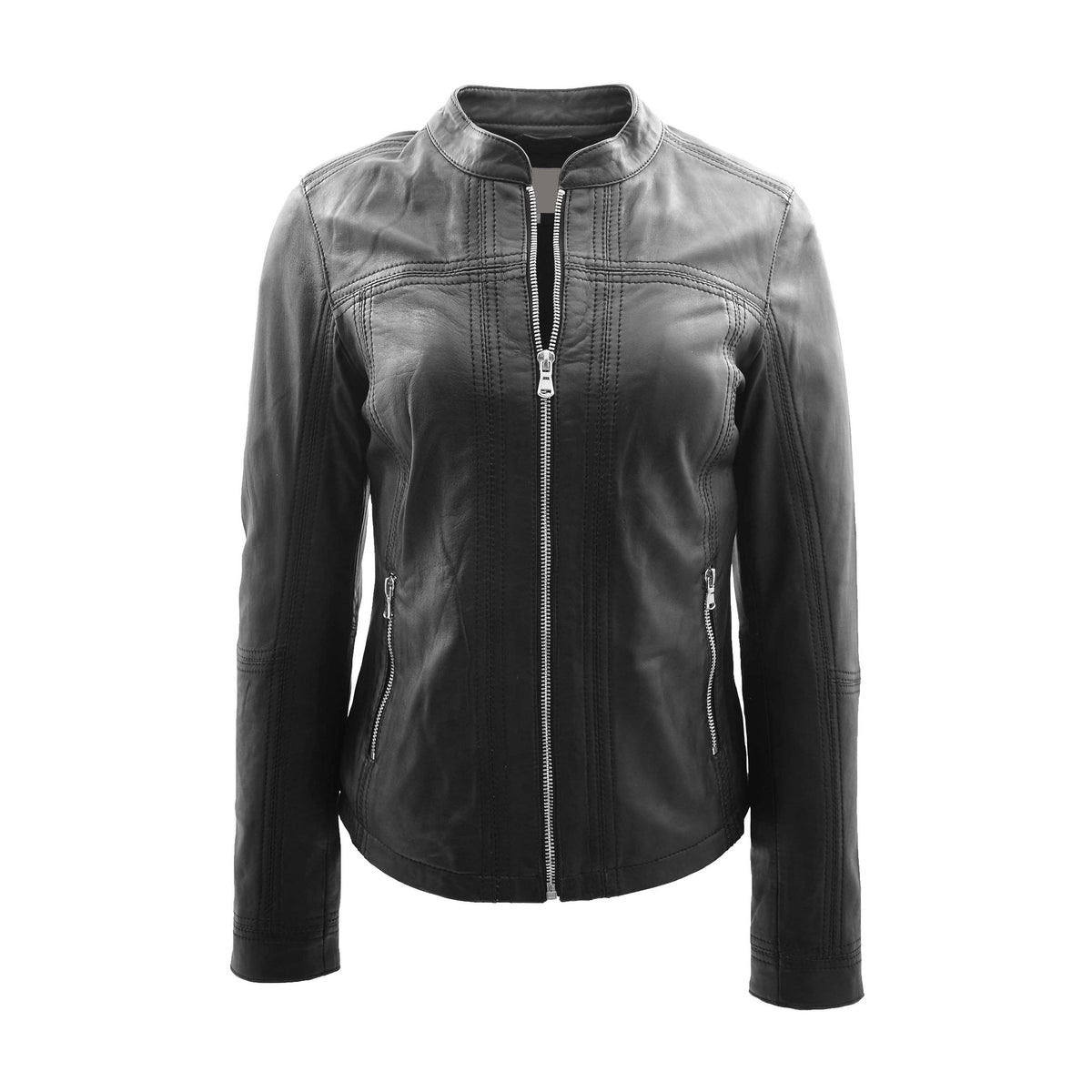 Womens Leather Classic Biker Style Jacket Tayla Black - genuine leather jacket in black with two outer pockets