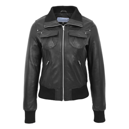 Womens Leather Classic Bomber Jacket Motto Black - genuine leather jacket in black with four outer pockets