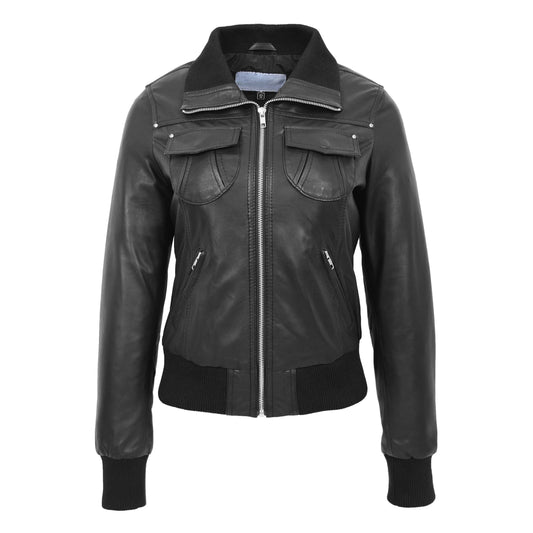 Womens Leather Classic Bomber Jacket Motto Black - genuine leather jacket in black with four outer pockets