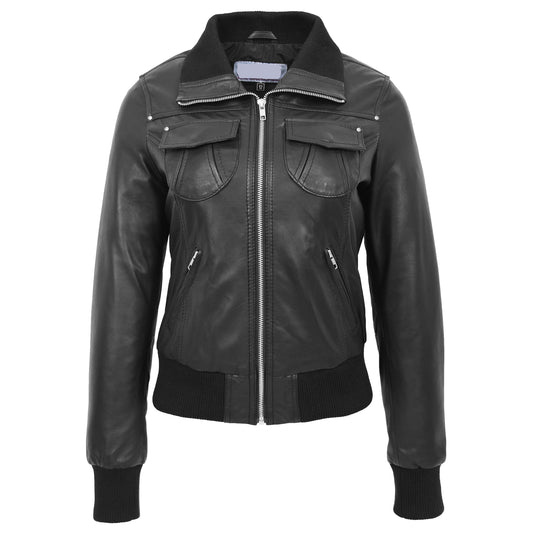 Womens Leather Classic Bomber Jacket Motto Black - genuine leather jacket in black with bomber