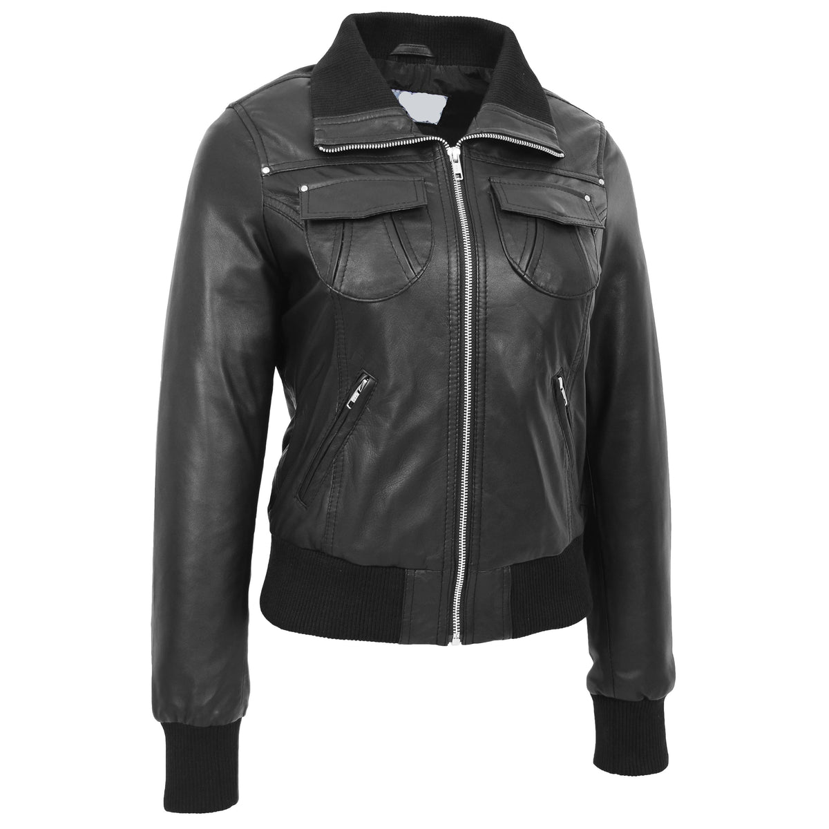 Womens Leather Classic Bomber Jacket Motto Black - genuine leather jacket in black with four outer pockets