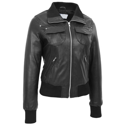 Womens Leather Classic Bomber Jacket Motto Black - genuine leather jacket in black with four outer pockets