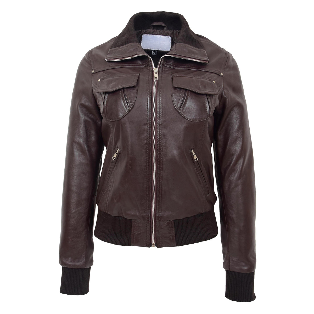 Womens Leather Classic Bomber Jacket Motto Brown - genuine leather jacket in brown with four outer pockets