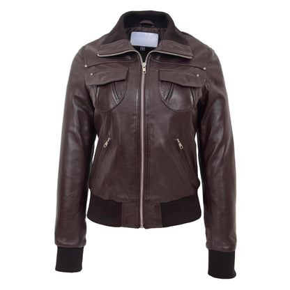 Womens Leather Classic Bomber Jacket Motto Brown - genuine leather jacket in brown with four outer pockets