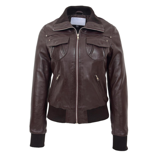 Womens Leather Classic Bomber Jacket Motto Brown - genuine leather jacket in brown with four outer pockets