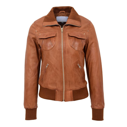 Womens Leather Classic Bomber Jacket Motto Tan - genuine leather jacket in tan with four outer pockets