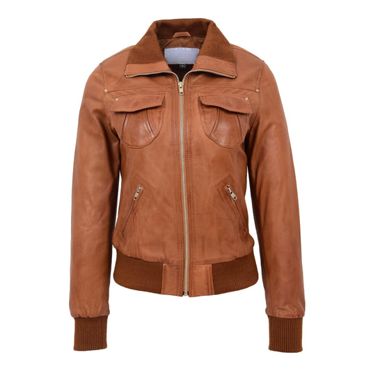 Womens Leather Classic Bomber Jacket Motto Tan - genuine leather jacket in tan with four outer pockets