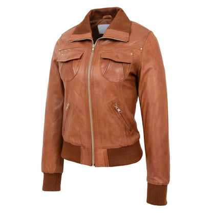 Womens Leather Classic Bomber Jacket Motto Tan - genuine leather jacket in tan with bomber