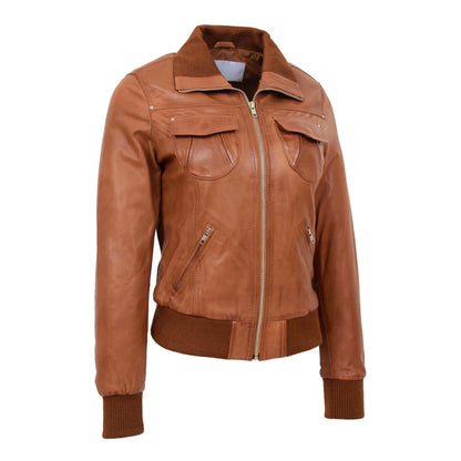 Womens Leather Classic Bomber Jacket Motto Tan - genuine leather jacket in tan with four outer pockets