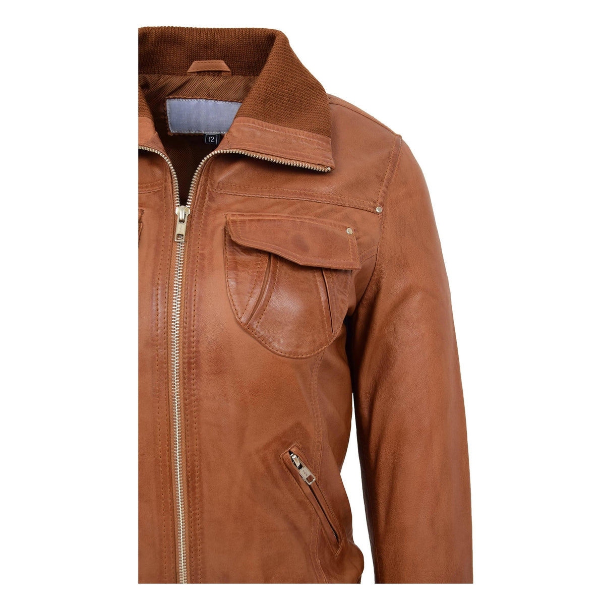 Womens Leather Classic Bomber Jacket Motto Tan - genuine leather jacket in tan with bomber