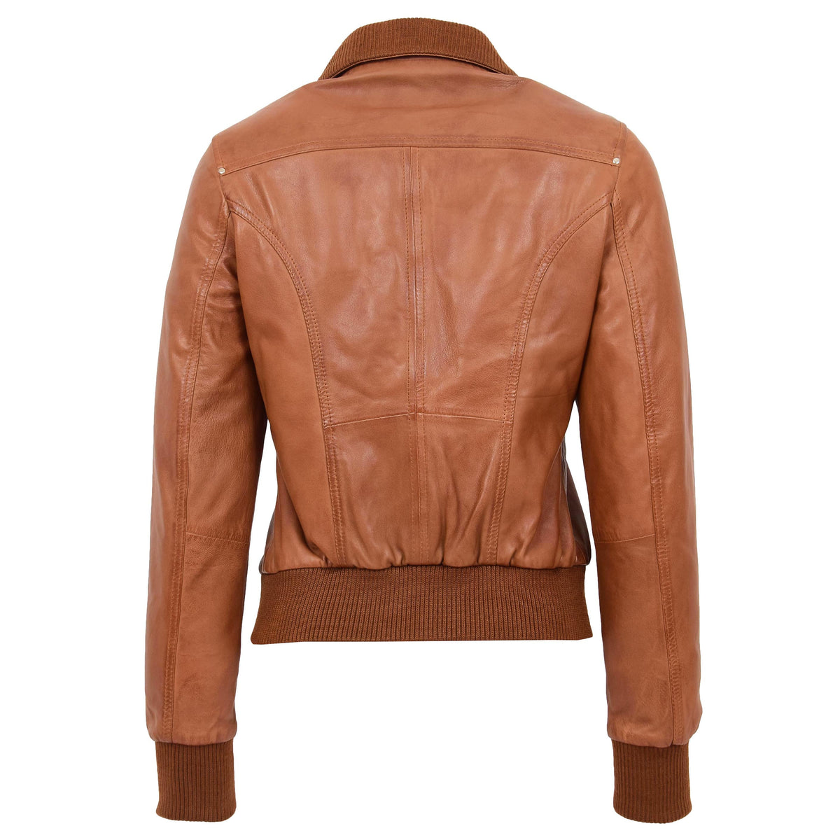 Womens Leather Classic Bomber Jacket Motto Tan - genuine leather jacket in tan with four outer pockets