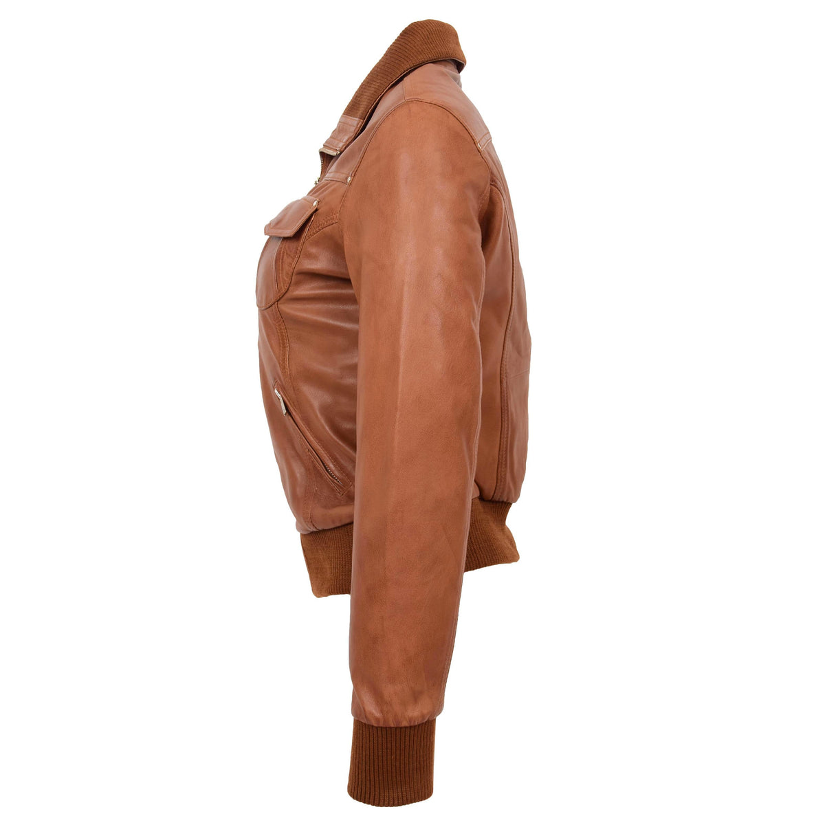 Womens Leather Classic Bomber Jacket Motto Tan - genuine leather jacket in tan with bomber