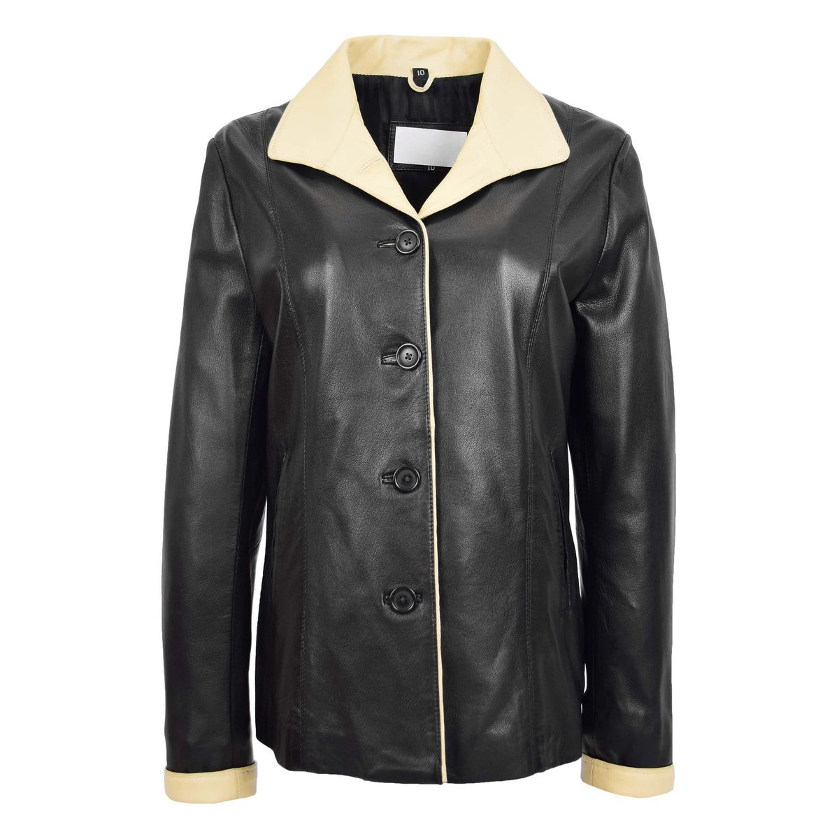 Womens Leather Classic Button Box Jacket Amber Black Beige - genuine leather jacket in black beige with two outer pockets