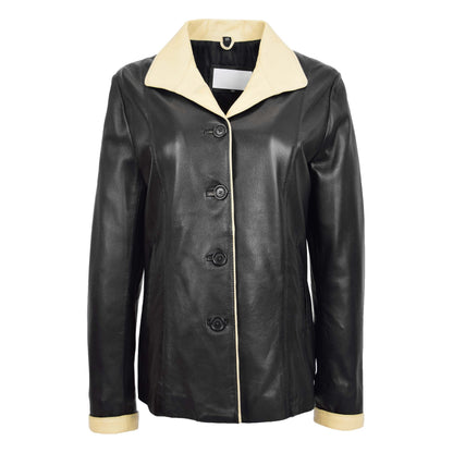 Womens Leather Classic Button Box Jacket Amber Black Beige - genuine leather jacket in black beige with two outer pockets