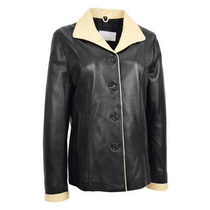 Womens Leather Classic Button Box Jacket Amber Black Beige - genuine leather jacket in black beige with two outer pockets