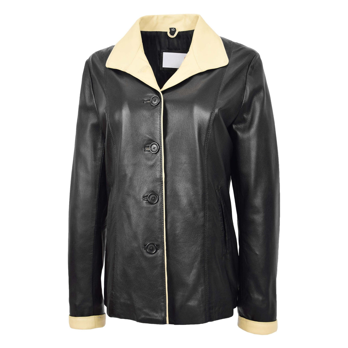 Womens Leather Classic Button Box Jacket Amber Black Beige - genuine leather jacket in black beige with two outer pockets