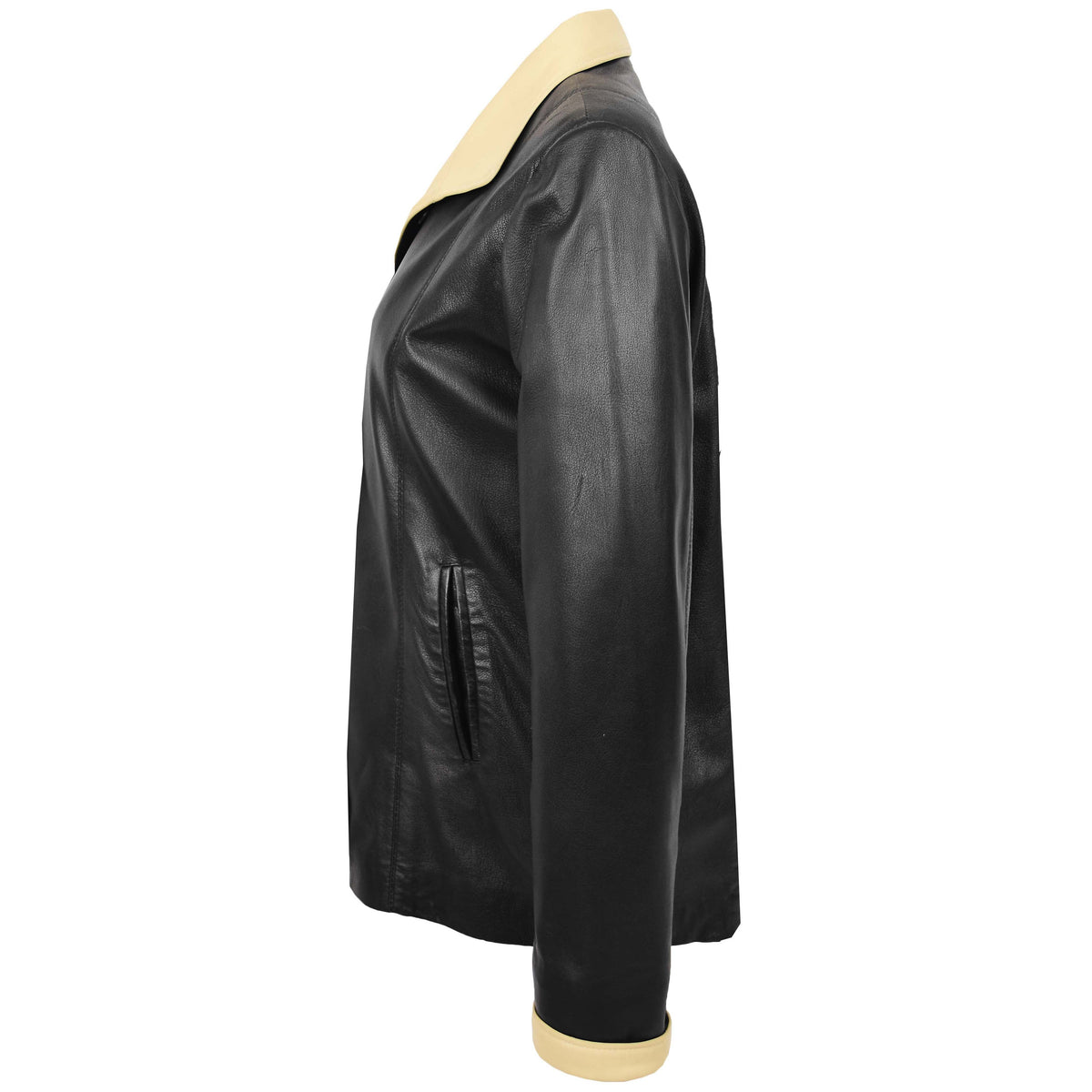 Womens Leather Classic Button Box Jacket Amber Black Beige - genuine leather jacket in black beige with two outer pockets