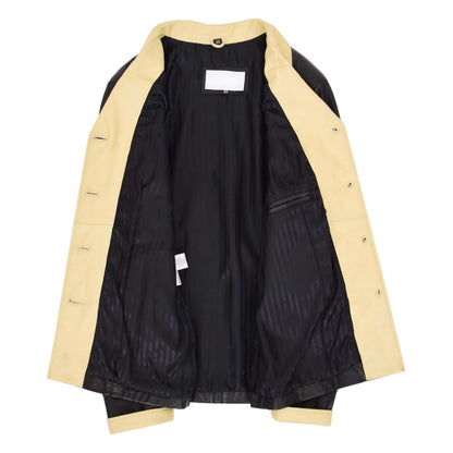 Womens Leather Classic Button Box Jacket Amber Black Beige - genuine leather jacket in black beige with two outer pockets