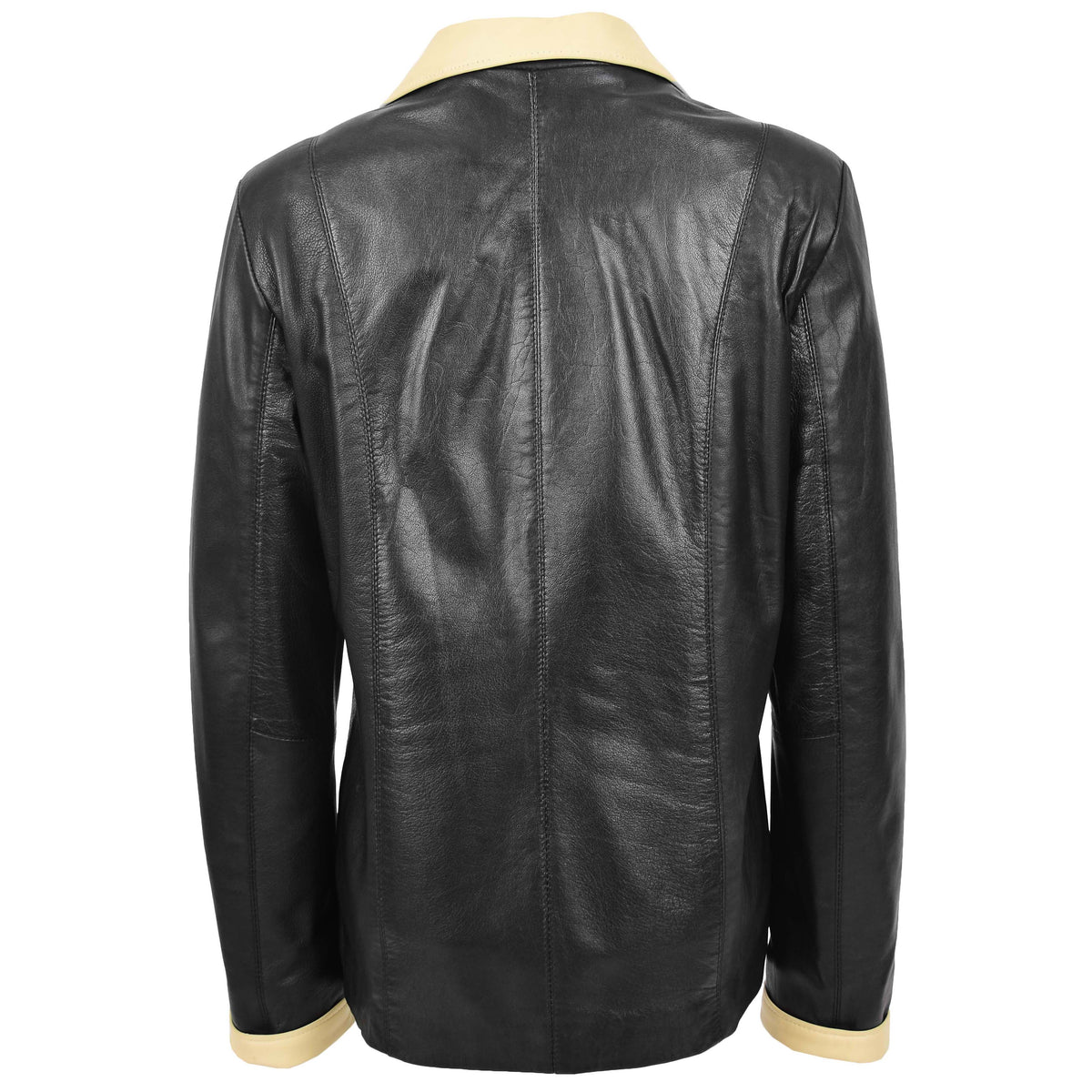 Womens Leather Classic Button Box Jacket Amber Black Beige - genuine leather jacket in black beige with two outer pockets