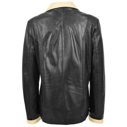 Womens Leather Classic Button Box Jacket Amber Black Beige - genuine leather jacket in black beige with two outer pockets