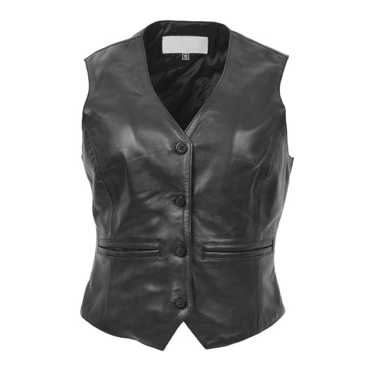 Womens Leather Classic Buttoned Waistcoat Rita Black - genuine leather vest in black with two outer pockets