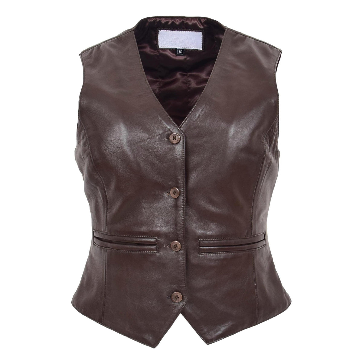 Womens Leather Classic Buttoned Waistcoat Rita Brown - genuine leather vest in brown with two outer pockets