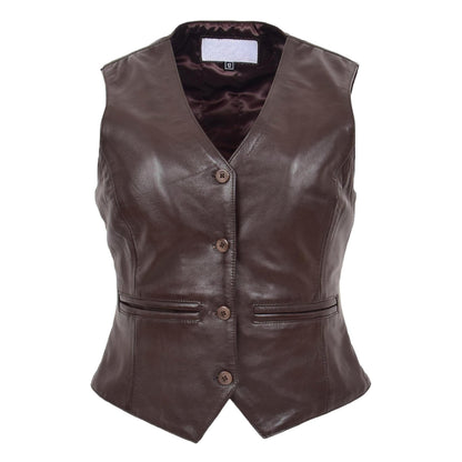 Womens Leather Classic Buttoned Waistcoat Rita Brown - genuine leather vest in brown with two outer pockets