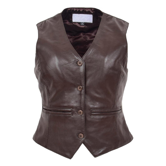 Womens Leather Classic Buttoned Waistcoat Rita Brown - genuine leather vest in brown with two outer pockets