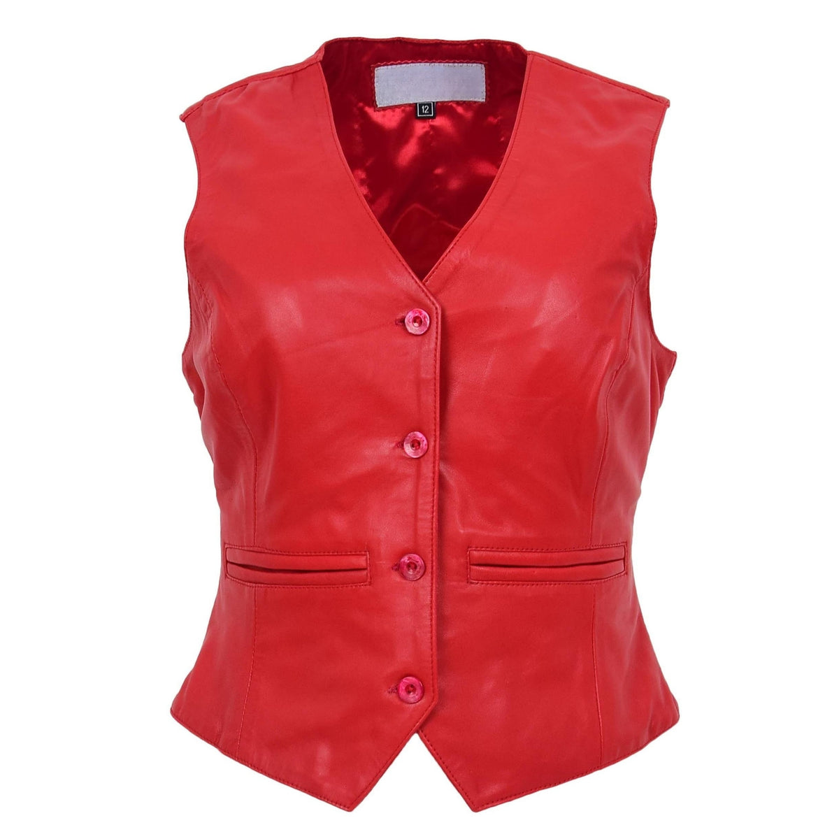 Womens Leather Classic Buttoned Waistcoat Rita Red - genuine leather vest in red with two outer pockets