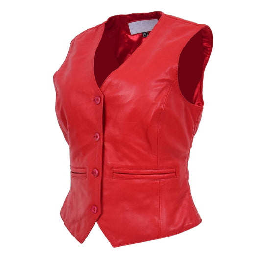Womens Leather Classic Buttoned Waistcoat Rita Red - genuine leather vest in red with waistcoat