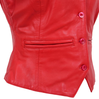 Womens Leather Classic Buttoned Waistcoat Rita Red - genuine leather vest in red with two outer pockets