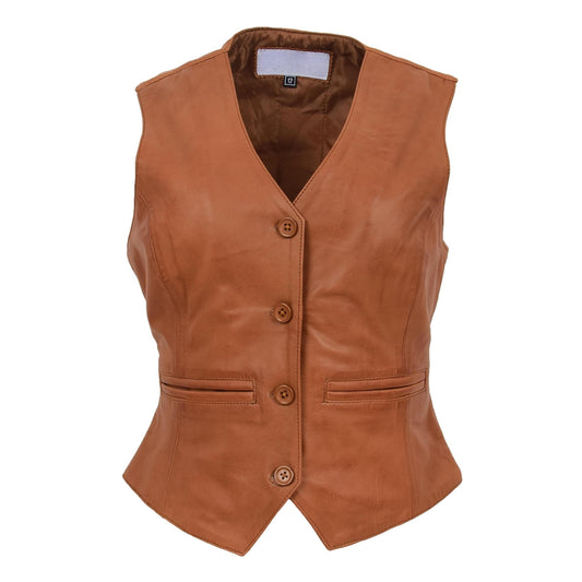 Womens Leather Classic Buttoned Waistcoat Rita Tan - genuine leather vest in tan with two outer pockets
