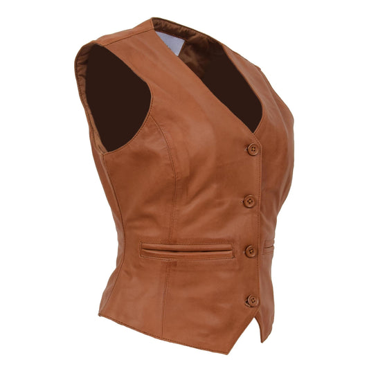 Womens Leather Classic Buttoned Waistcoat Rita Tan - genuine leather vest in tan with waistcoat