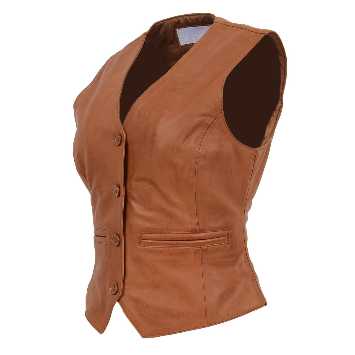 Womens Leather Classic Buttoned Waistcoat Rita Tan - genuine leather vest in tan with two outer pockets
