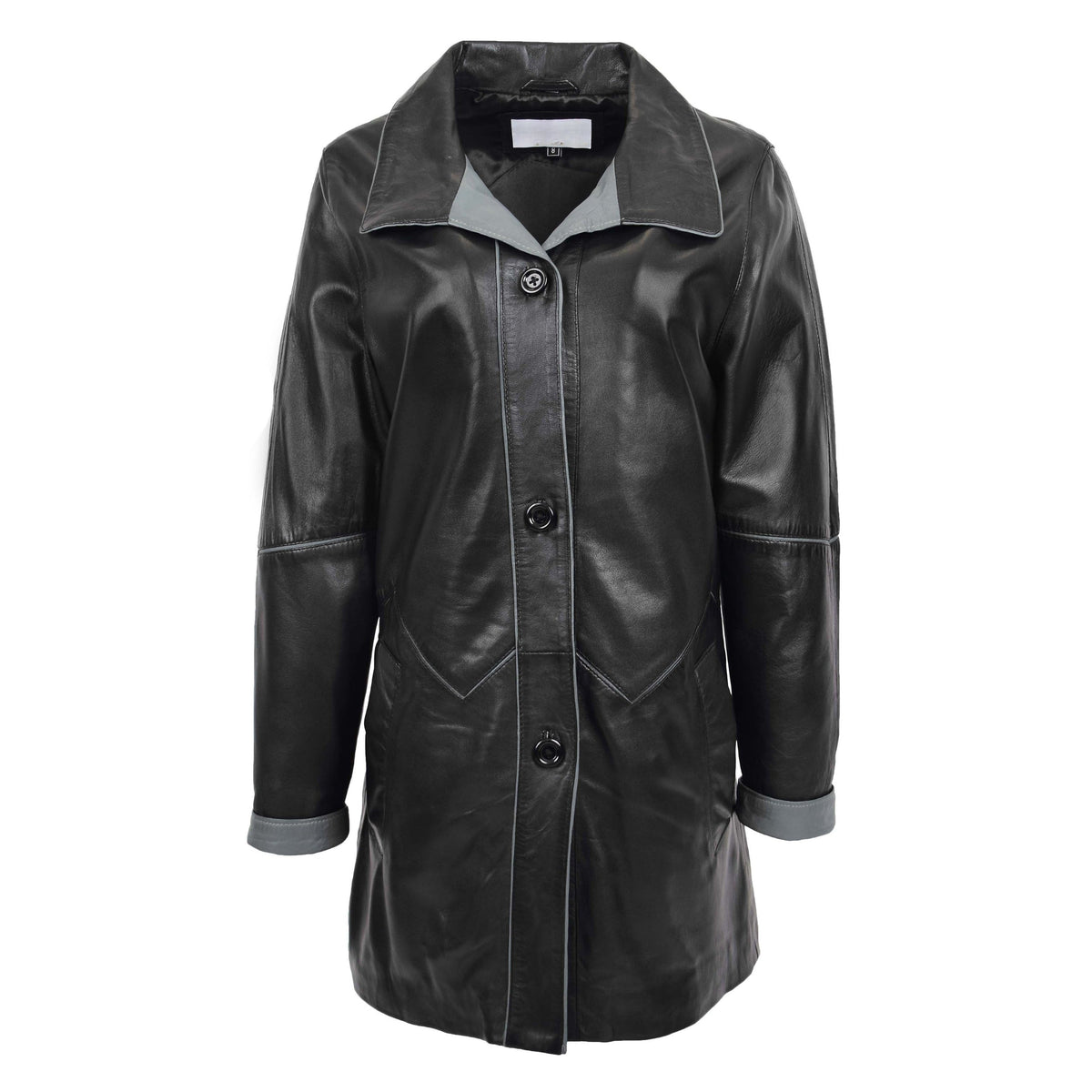 Womens Leather Coat 3/4 Length Classic Style Margaret Black Grey - genuine leather coat in black grey with two outer pockets