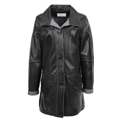 Womens Leather Coat 3/4 Length Classic Style Margaret Black Grey - genuine leather coat in black grey with two outer pockets