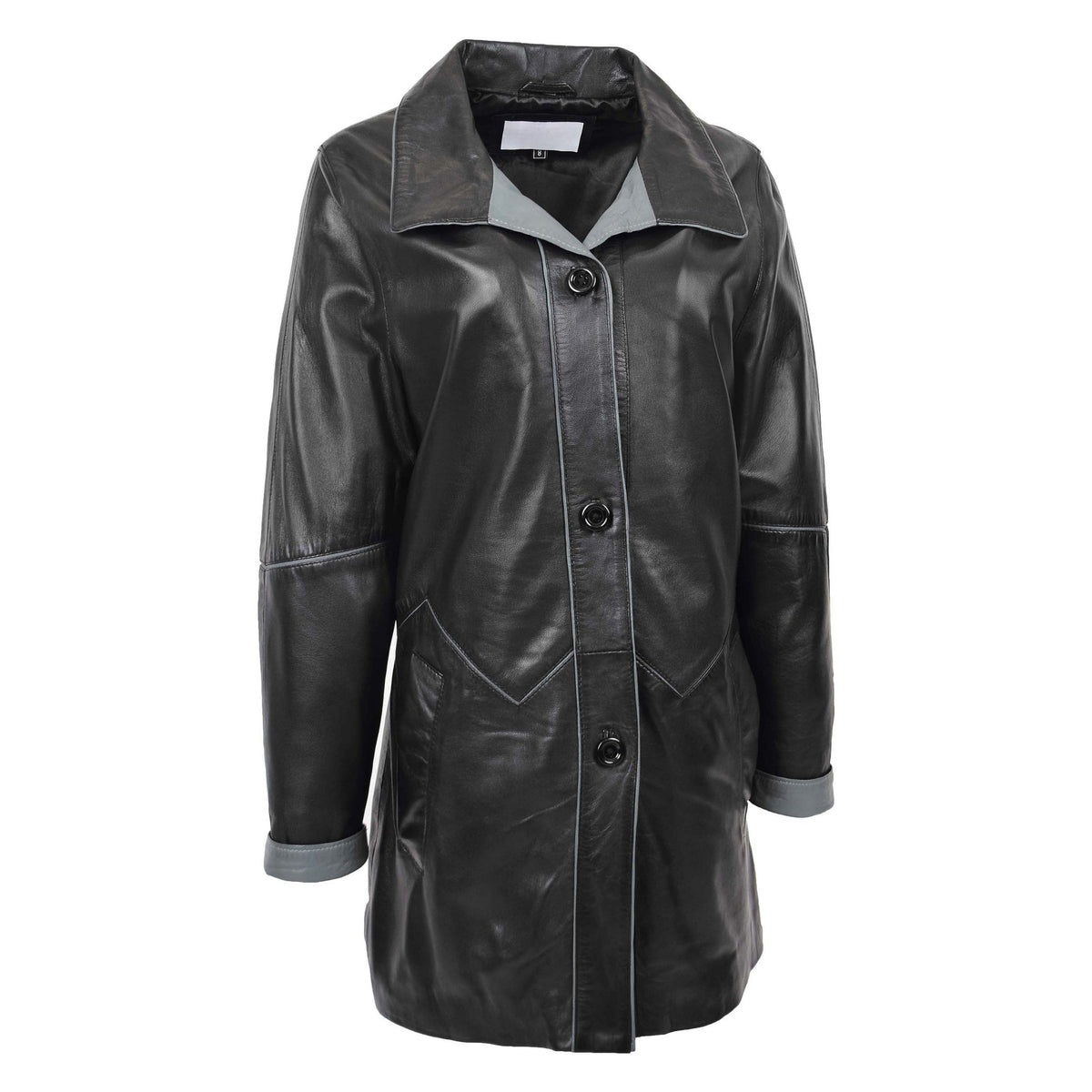 Womens Leather Coat 3/4 Length Classic Style Margaret Black Grey - genuine leather coat in black grey with 3/4 length