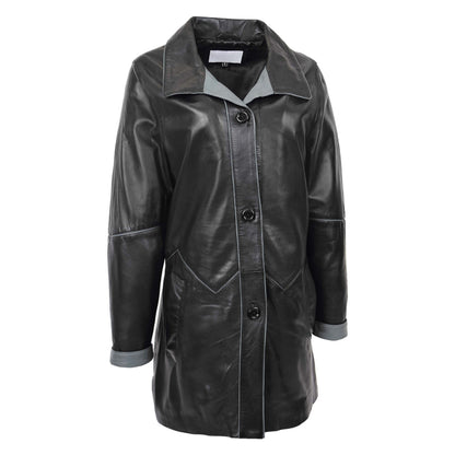 Womens Leather Coat 3/4 Length Classic Style Margaret Black Grey - genuine leather coat in black grey with 3/4 length