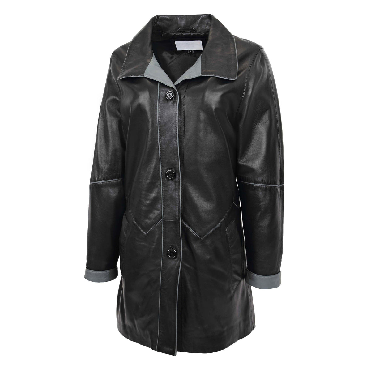 Womens Leather Coat 3/4 Length Classic Style Margaret Black Grey - genuine leather coat in black grey with two outer pockets