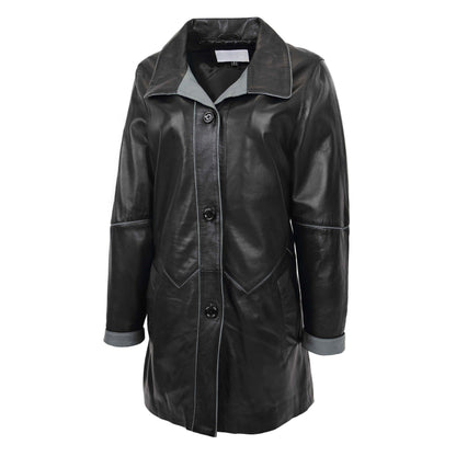 Womens Leather Coat 3/4 Length Classic Style Margaret Black Grey - genuine leather coat in black grey with two outer pockets