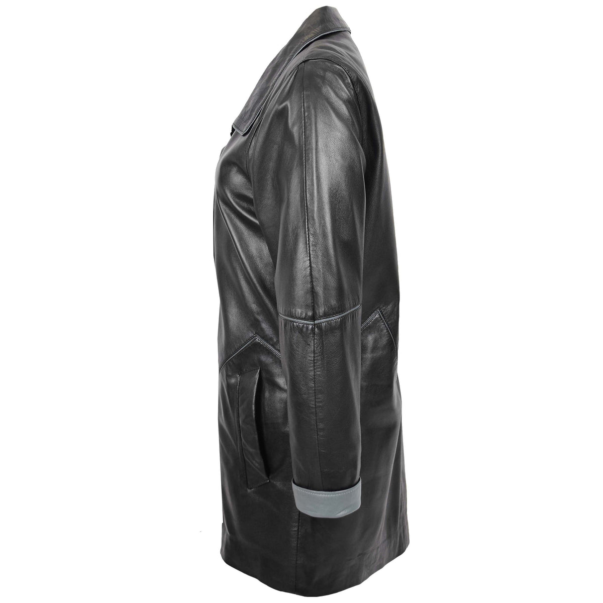 Womens Leather Coat 3/4 Length Classic Style Margaret Black Grey - genuine leather coat in black grey with 3/4 length