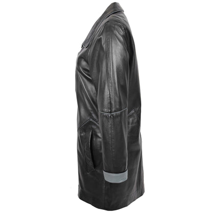 Womens Leather Coat 3/4 Length Classic Style Margaret Black Grey - genuine leather coat in black grey with 3/4 length