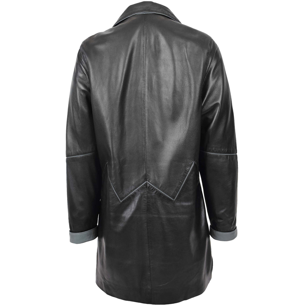 Womens Leather Coat 3/4 Length Classic Style Margaret Black Grey - genuine leather coat in black grey with two outer pockets