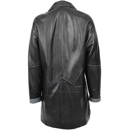 Womens Leather Coat 3/4 Length Classic Style Margaret Black Grey - genuine leather coat in black grey with two outer pockets