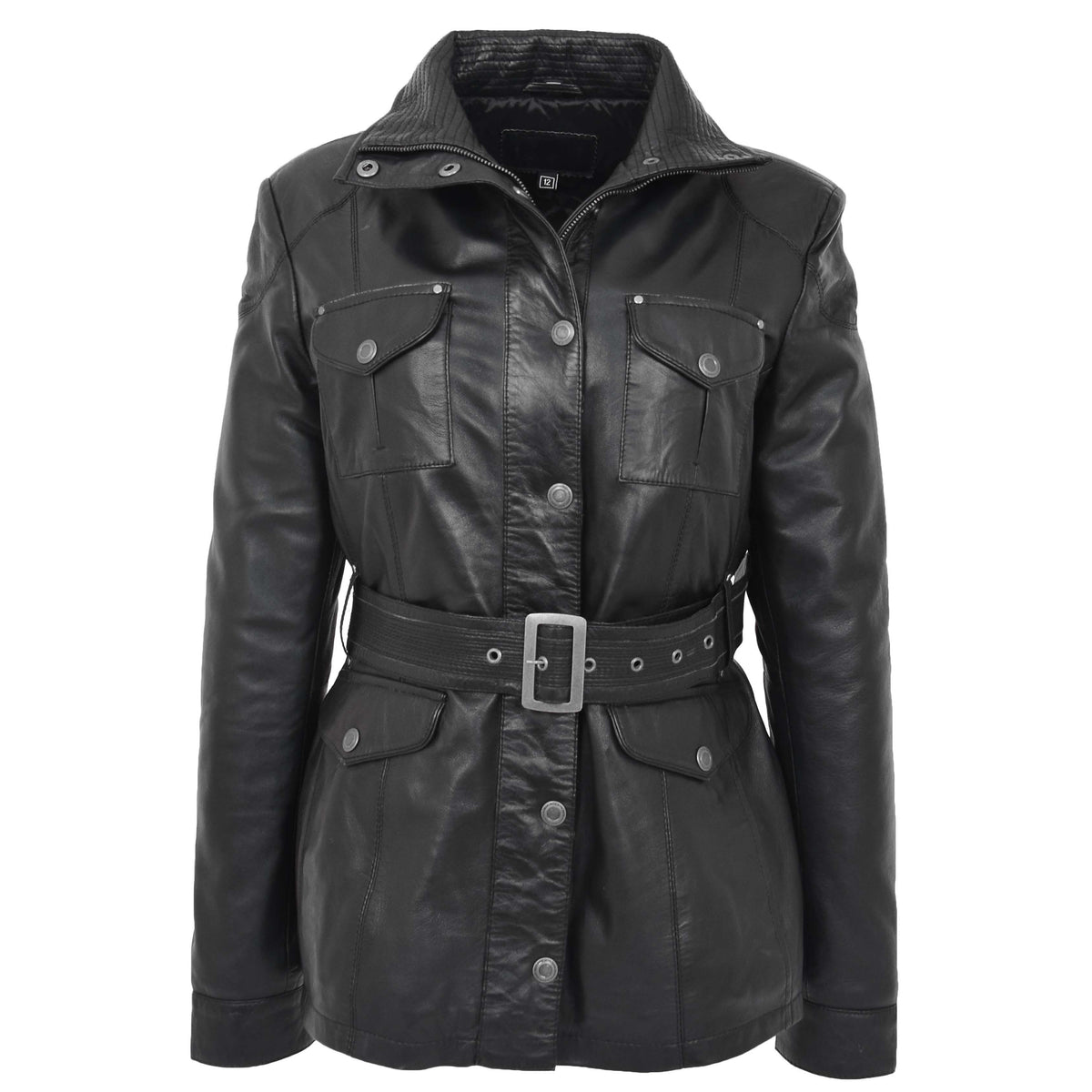 Womens Leather Coat with Detachable Hoodie Daisy Black - genuine leather coat in black with four outer pockets
