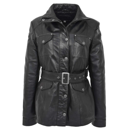 Womens Leather Coat with Detachable Hoodie Daisy Black - genuine leather coat in black with four outer pockets