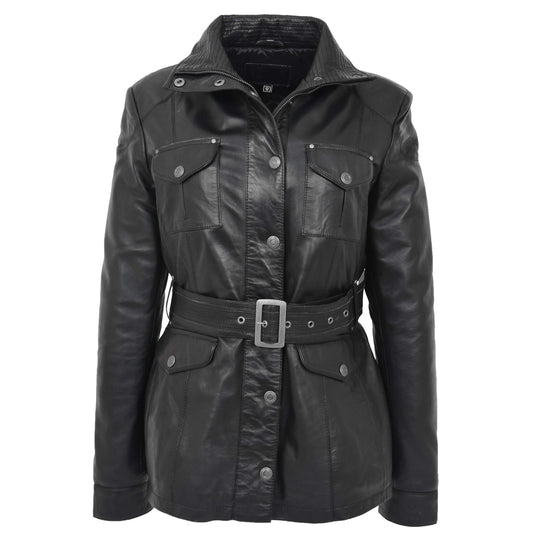 Womens Leather Coat with Detachable Hoodie Daisy Black - genuine leather coat in black with four outer pockets