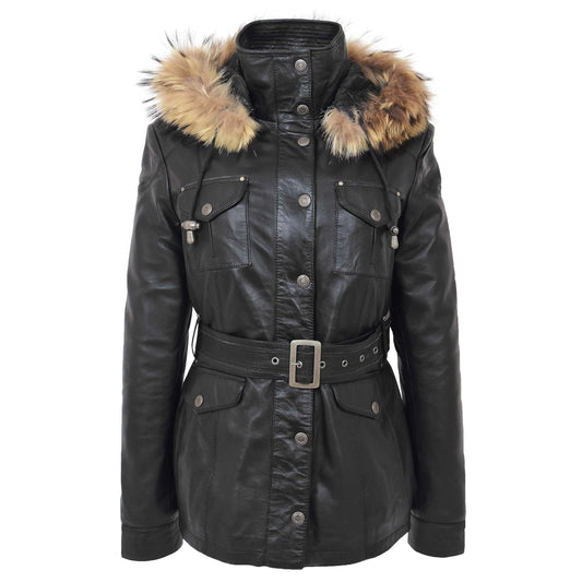 Womens Leather Coat with Detachable Hoodie Daisy Black - genuine leather coat in black with detachable hood