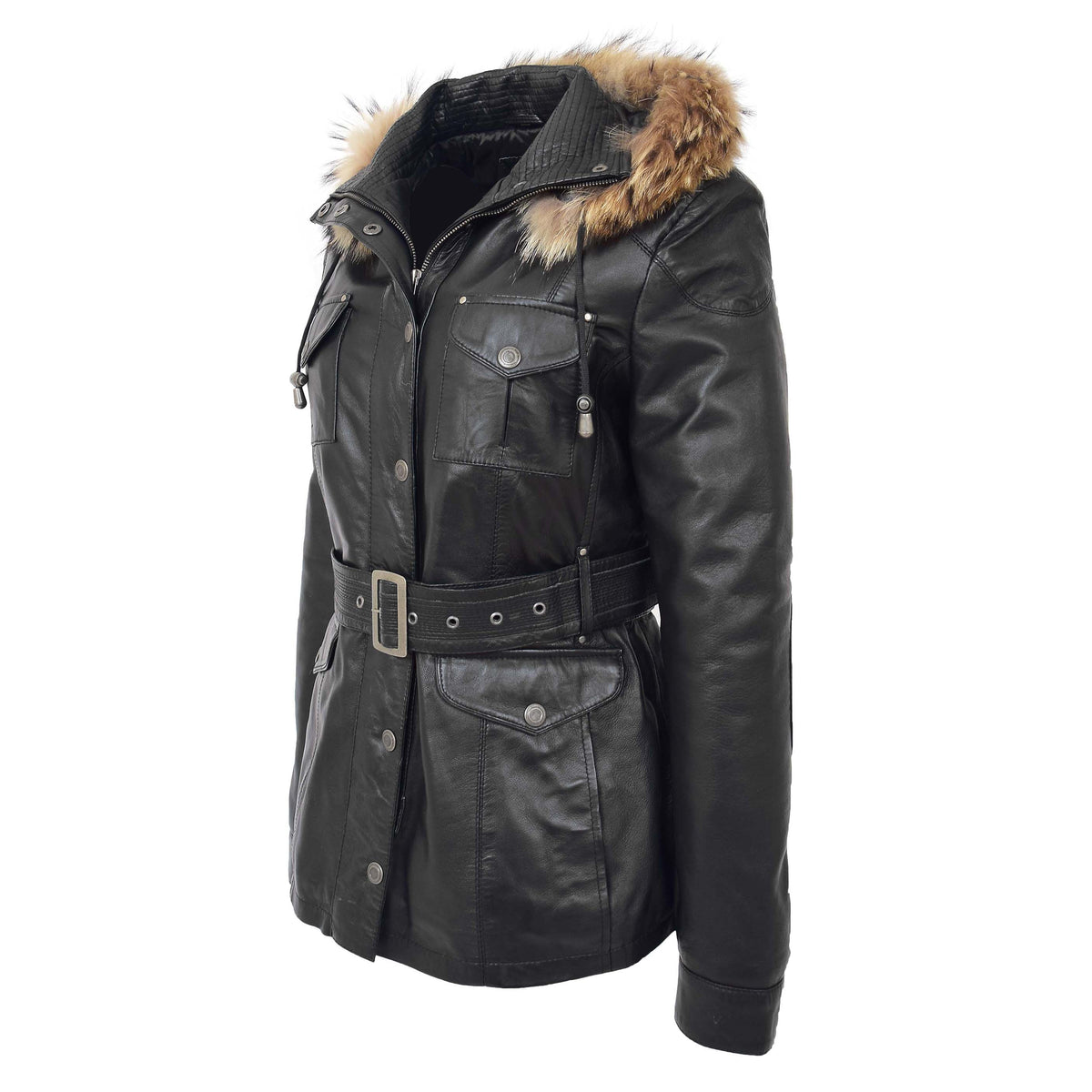 Womens Leather Coat with Detachable Hoodie Daisy Black - genuine leather coat in black with four outer pockets