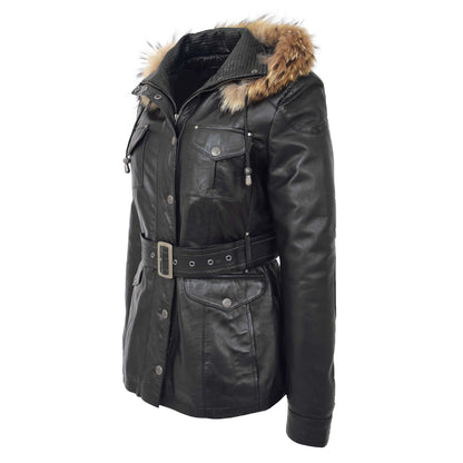 Womens Leather Coat with Detachable Hoodie Daisy Black - genuine leather coat in black with four outer pockets